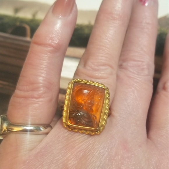 Antique Carnelian Glass Cameo in 24k Vermeil Sterling Ring - Picture 3 of 8